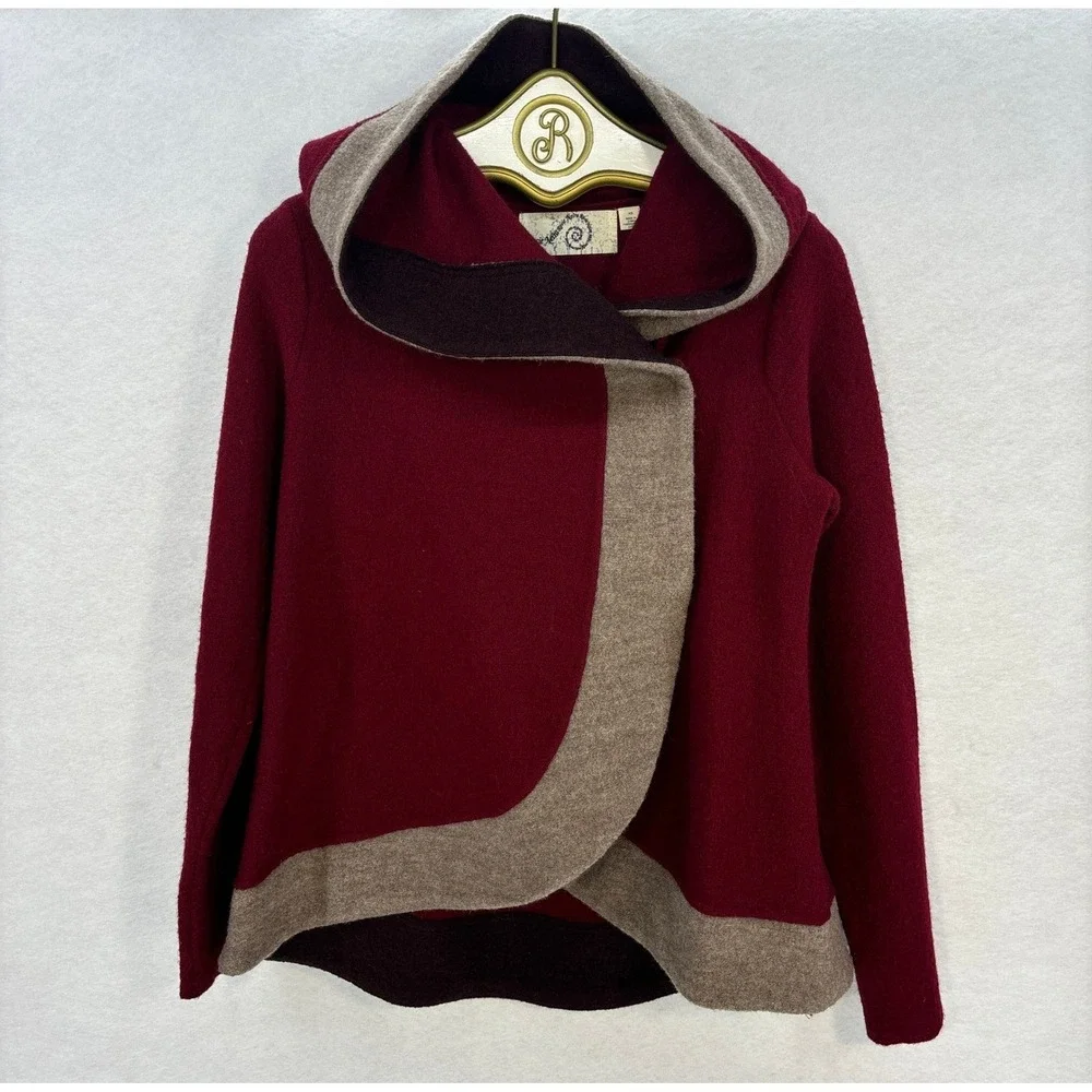Anthropologie Colorblock‎ Wool Jacket XS Red Hooded Wrap Cardigan Coat
